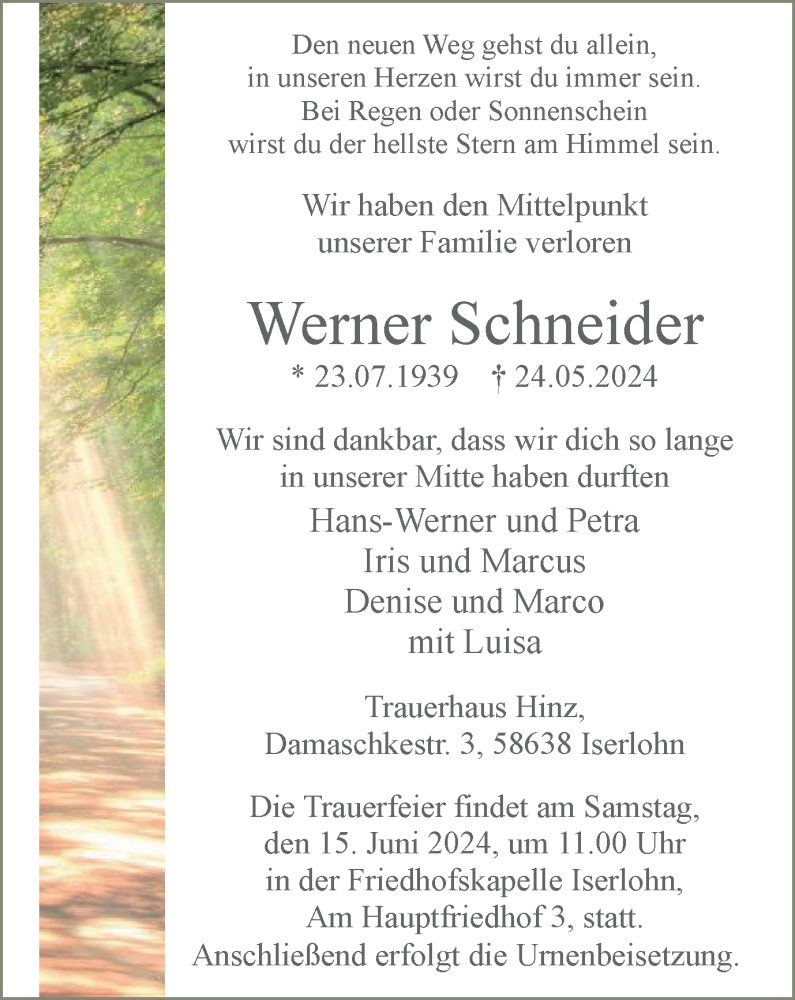  Traueranzeige für Werner Schneider vom 08.06.2024 aus Tageszeitung