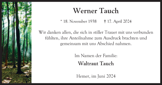 Traueranzeige von Werner Tauch von Tageszeitung