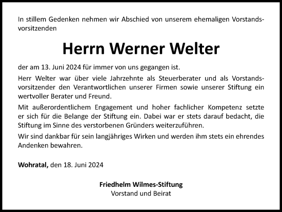 Traueranzeige von Werner Welter von Tageszeitung