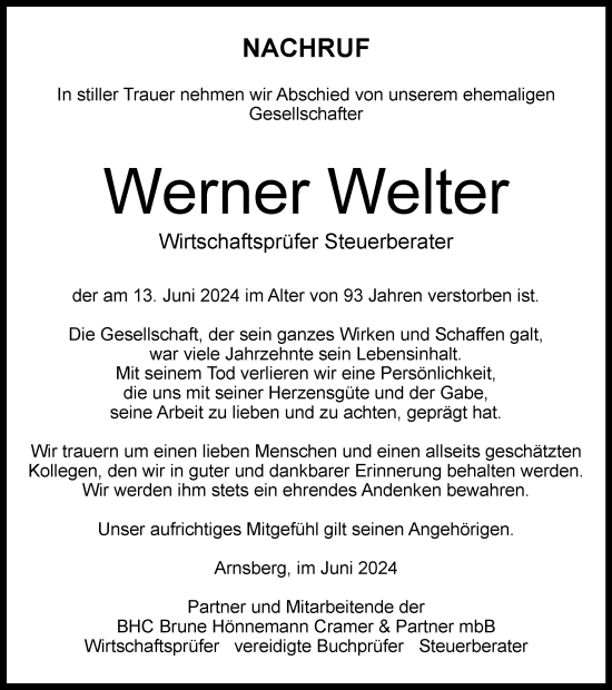 Traueranzeige von Werner Welter von Tageszeitung