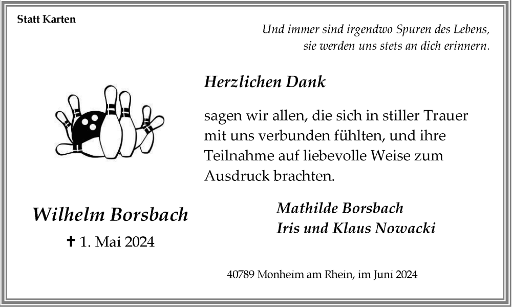  Traueranzeige für Wilhelm Borsbach vom 15.06.2024 aus Tageszeitung