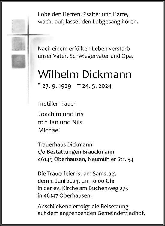 Traueranzeige von Wilhelm Dickmann von Tageszeitung