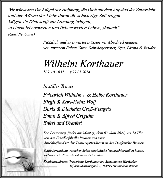 Traueranzeige von Wilhelm Korthauer von Tageszeitung