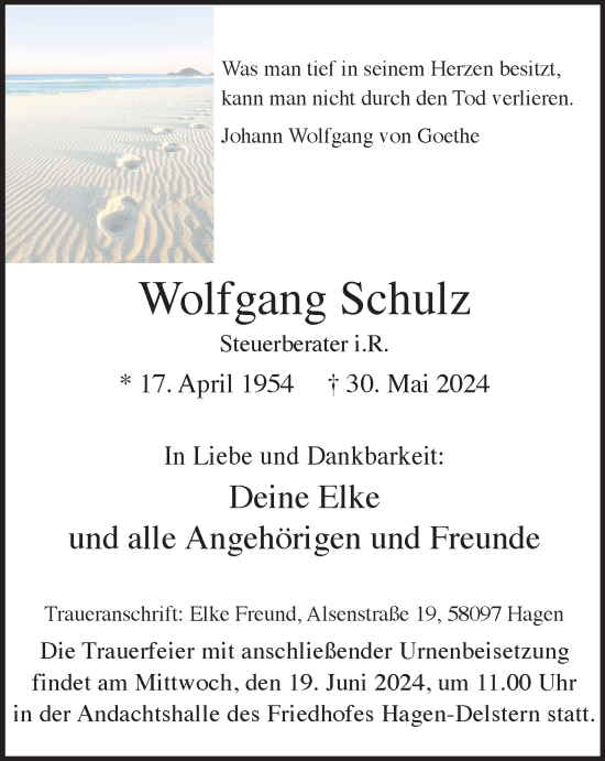 Traueranzeige von Wolfgang Schulz von Tageszeitung
