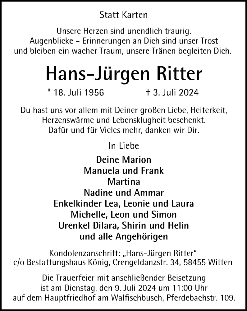  Traueranzeige für Hans-Jürgen Ritter vom 06.07.2024 aus Tageszeitung