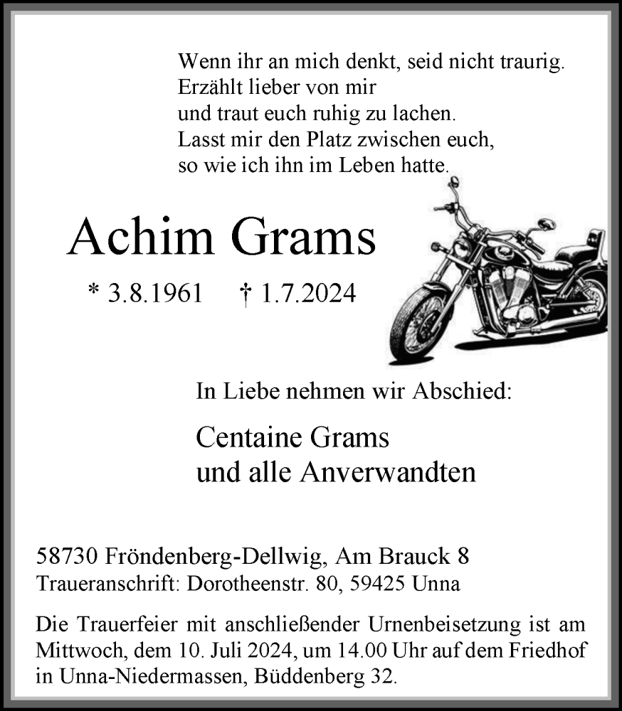  Traueranzeige für Achim Grams vom 06.07.2024 aus Tageszeitung
