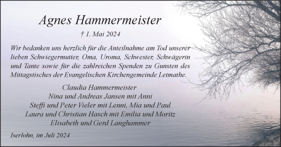 Traueranzeige von Agnes Hammermeister von Tageszeitung