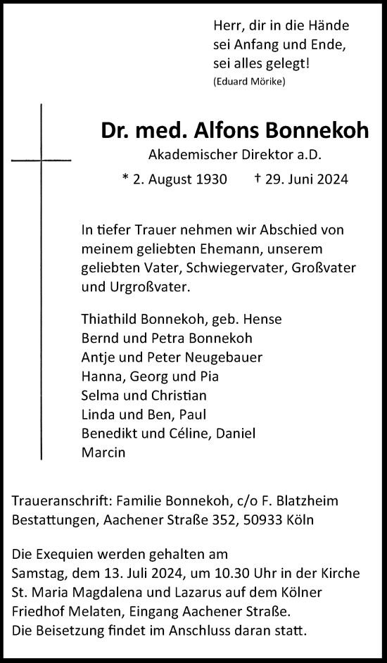 Traueranzeige von Alfons Bonnekoh von Tageszeitung