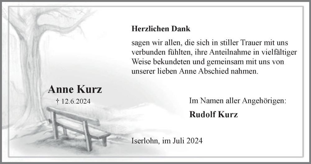  Traueranzeige für Anna Kurz vom 13.07.2024 aus Tageszeitung