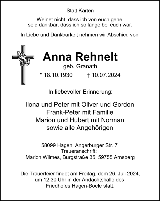 Traueranzeige von Anna Rehnelt von Tageszeitung