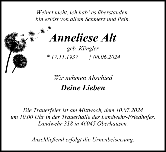 Traueranzeige von Anneliese Alt von Tageszeitung