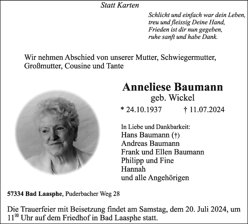  Traueranzeige für Anneliese Baumann vom 17.07.2024 aus Tageszeitung
