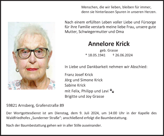 Traueranzeige von Annelore Krick von Tageszeitung