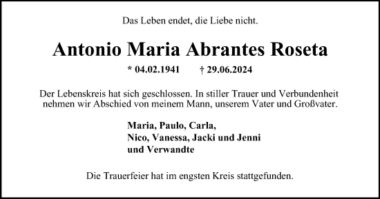 Traueranzeige von Antonio Maria Abrantes Roseta von Tageszeitung