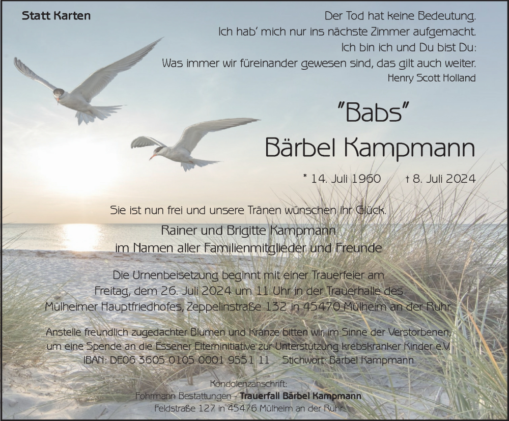  Traueranzeige für Bärbel Kampmann vom 20.07.2024 aus Tageszeitung