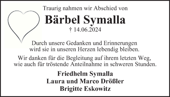Traueranzeige von Bärbel Symalla von Tageszeitung