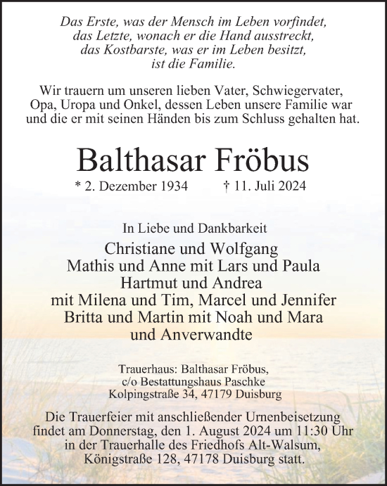 Traueranzeige von Balthasar Fröbus von Tageszeitung