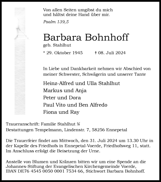 Traueranzeige von Barbara Bohnhoff von Tageszeitung