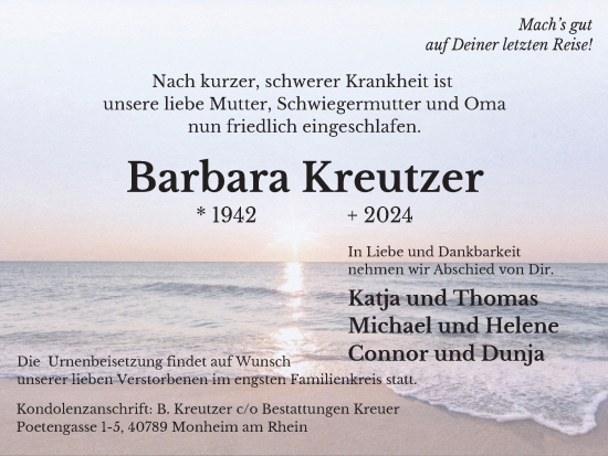 Traueranzeige von Barbara Kreutzer von Tageszeitung