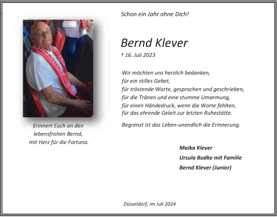 Traueranzeige von Bernd Klever von Tageszeitung