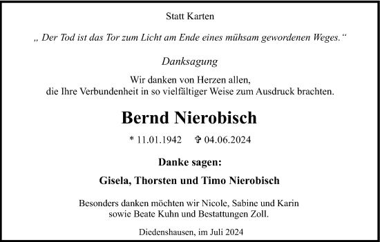 Traueranzeige von Bernd Nierobisch von Tageszeitung