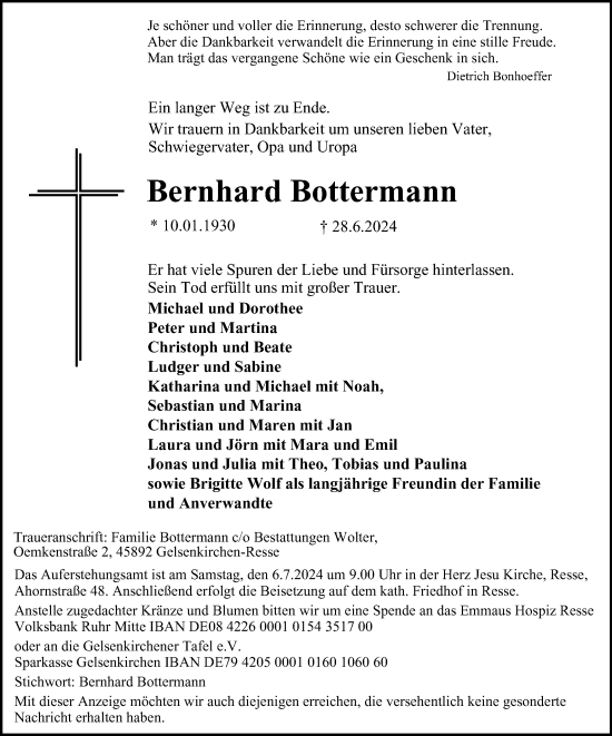 Traueranzeige von Bernhard Bottermann von Tageszeitung