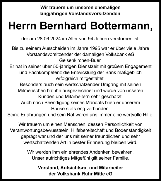 Traueranzeige von Bernhard Bottermann von Tageszeitung