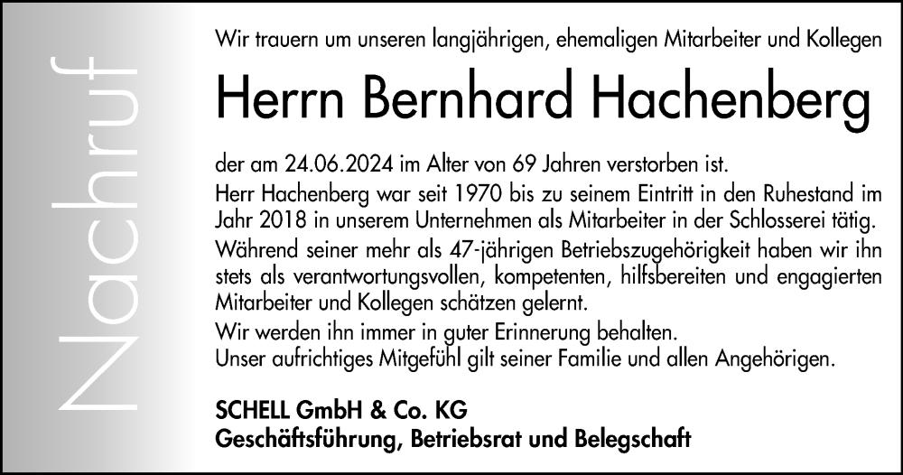  Traueranzeige für Bernhard Hachenberg vom 19.07.2024 aus Tageszeitung