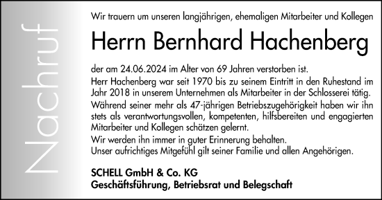Traueranzeige von Bernhard Hachenberg von Tageszeitung