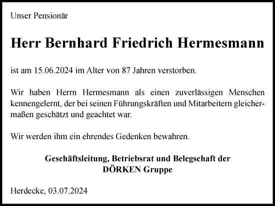 Traueranzeige von Bernhard Hermesmann von Tageszeitung