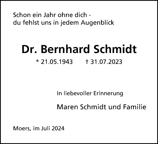 Traueranzeige von Bernhard Schmidt von Tageszeitung