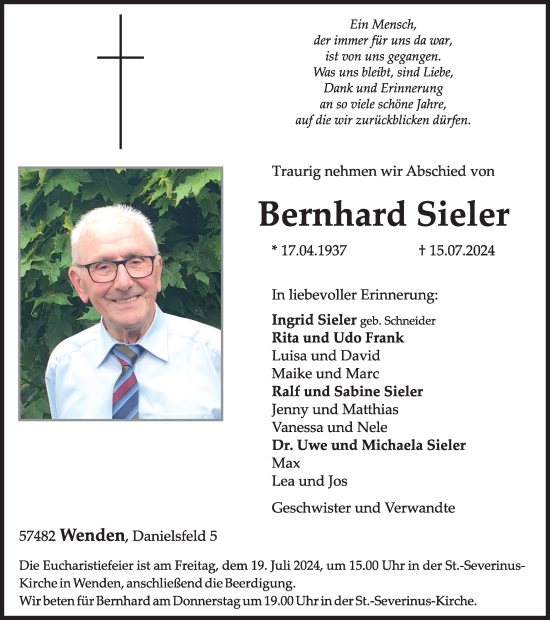 Traueranzeige von Bernhard Sieler von Tageszeitung