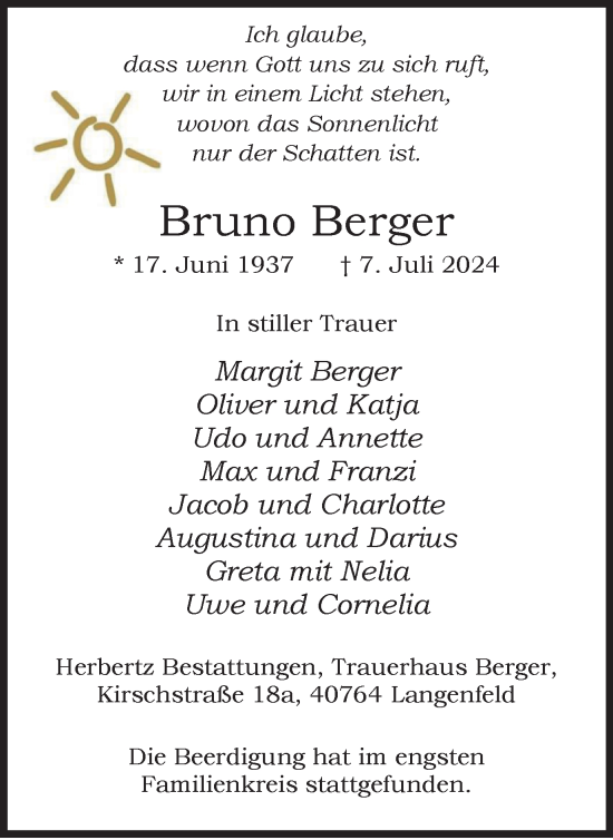 Traueranzeige von Bruno Berger von Tageszeitung