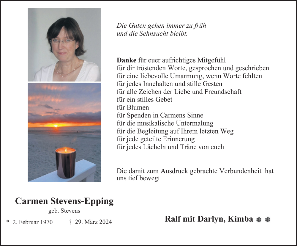  Traueranzeige für Carmen Stevens-Epping vom 13.07.2024 aus Tageszeitung