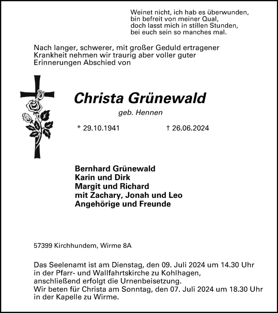 Traueranzeige von Christa Grünewald von Tageszeitung