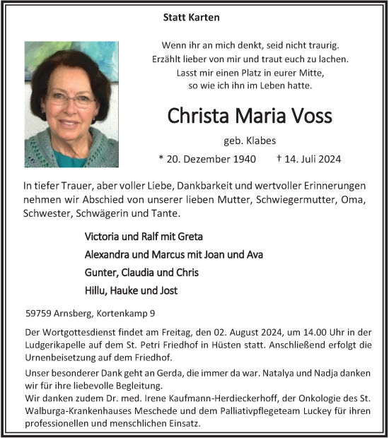 Traueranzeige von Christa Maria Voss von Tageszeitung