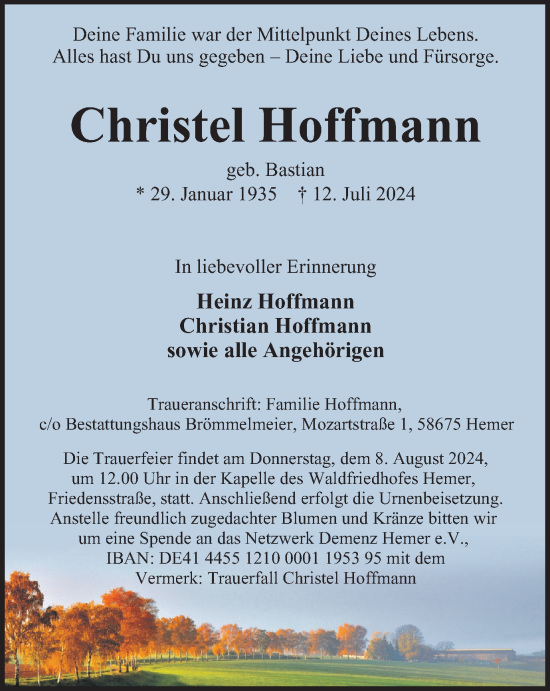 Traueranzeige von Christel Hoffmann von Tageszeitung