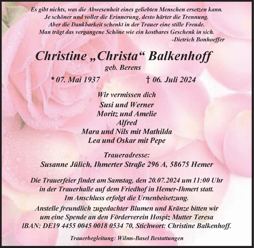  Traueranzeige für Christine  Balkenhoff vom 13.07.2024 aus Tageszeitung