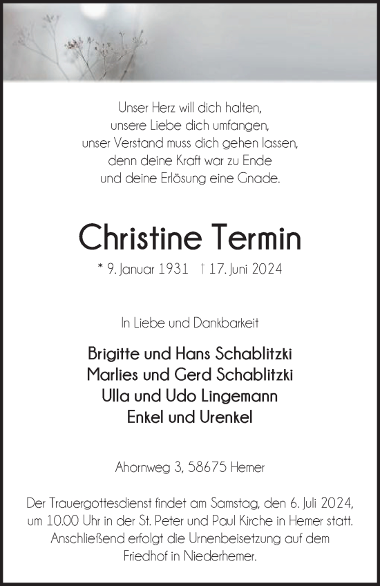 Traueranzeige von Christine Termin von Tageszeitung