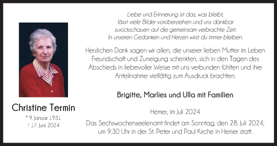 Traueranzeige von Christine Termin von Tageszeitung