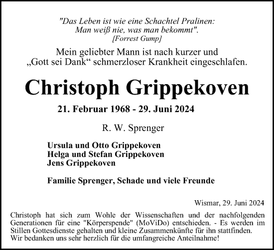 Traueranzeige von Christoph Grippekoven von Tageszeitung