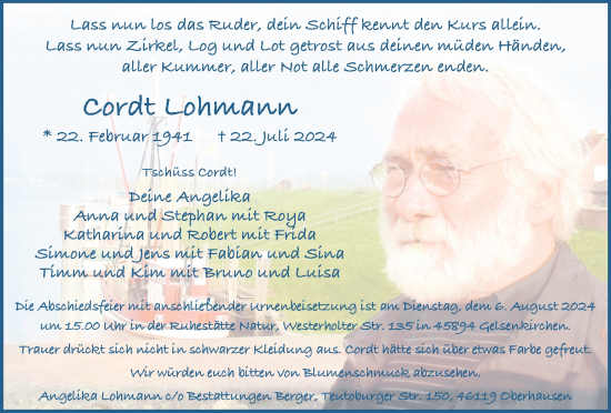 Traueranzeige von Cordt Lohmann von Tageszeitung