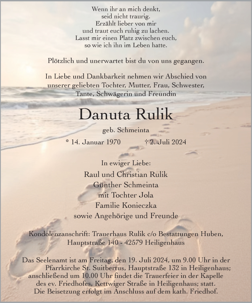  Traueranzeige für Danuta Rulik vom 13.07.2024 aus Tageszeitung