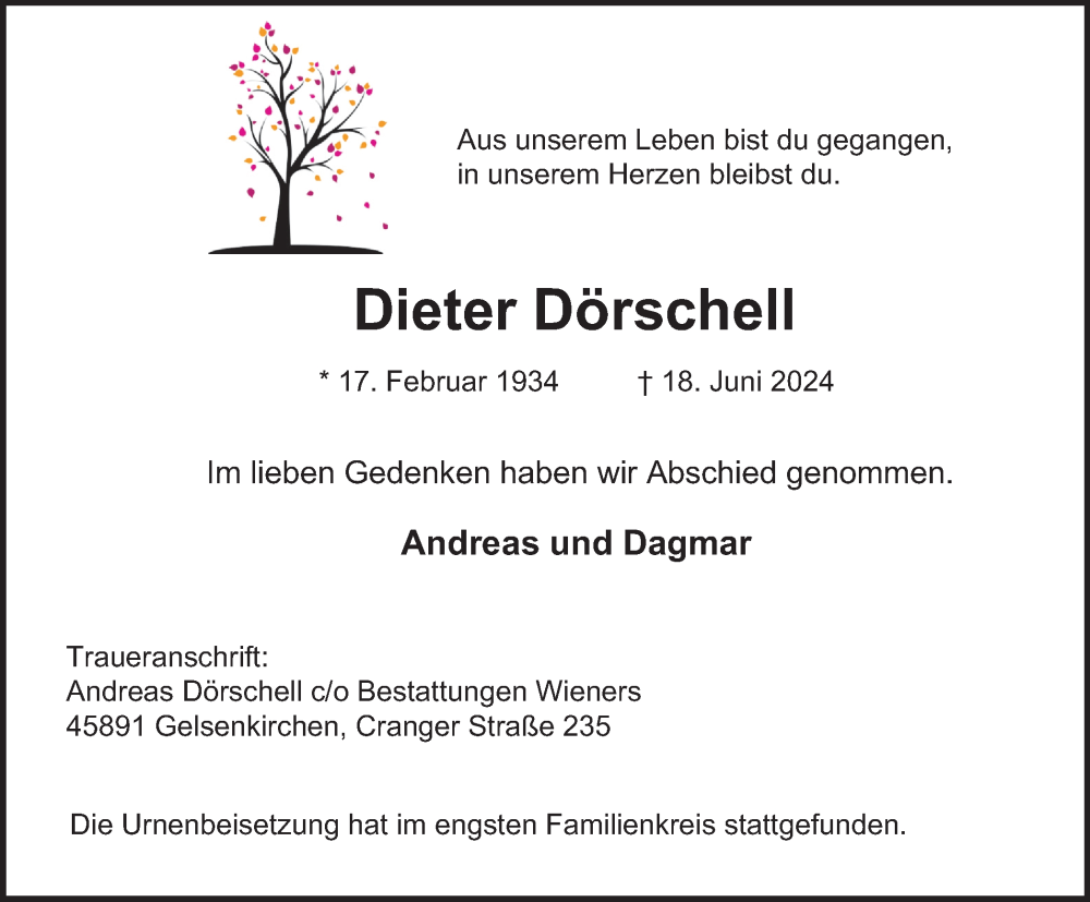  Traueranzeige für Dieter Dörschell vom 20.07.2024 aus Tageszeitung