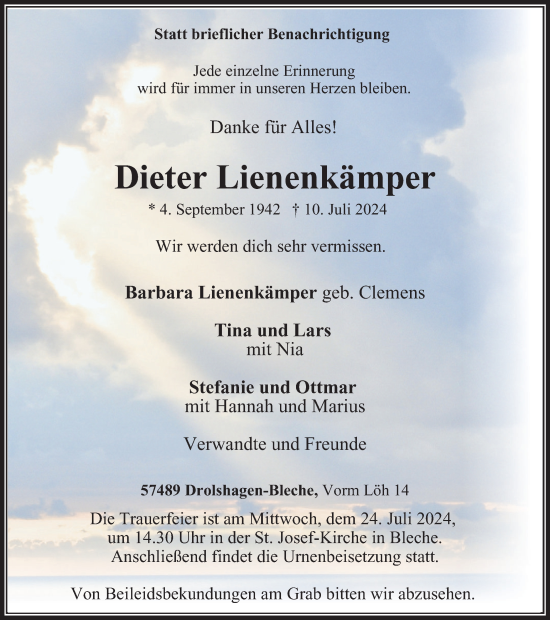 Traueranzeige von Dieter Lienenkämper von Tageszeitung
