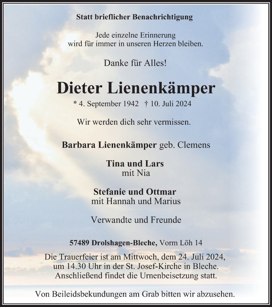  Traueranzeige für Dieter Lienenkämper vom 18.07.2024 aus Tageszeitung