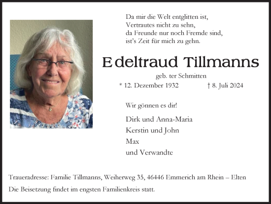 Traueranzeige von Edeltraud Tillmanns von Tageszeitung