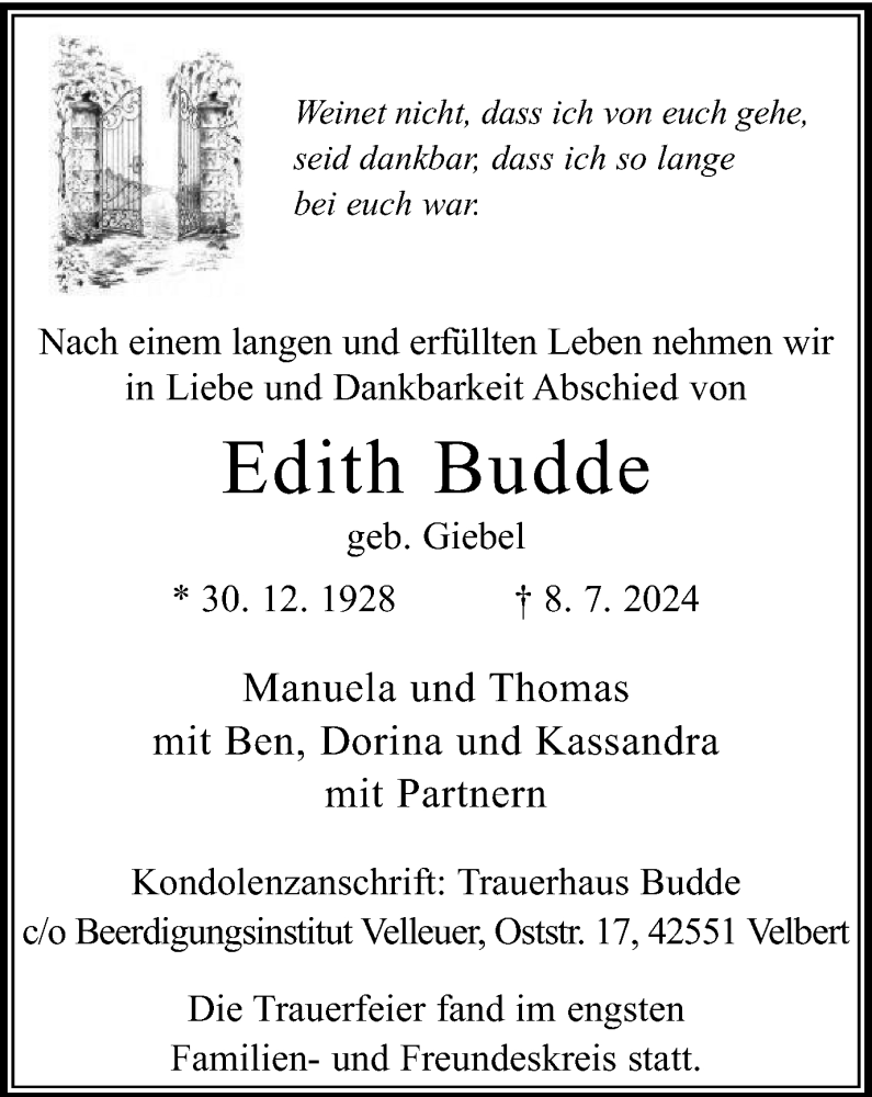  Traueranzeige für Edith Budde vom 20.07.2024 aus Tageszeitung