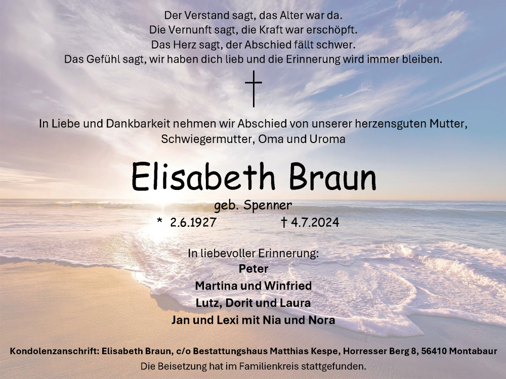  Traueranzeige für Elisabeth Braun vom 16.07.2024 aus Tageszeitung