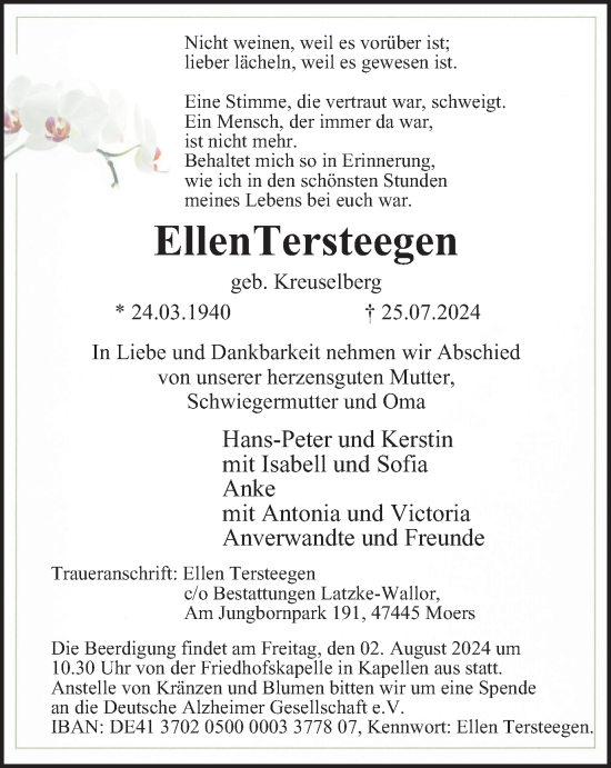 Traueranzeige von Ellen Tersteegen von Tageszeitung